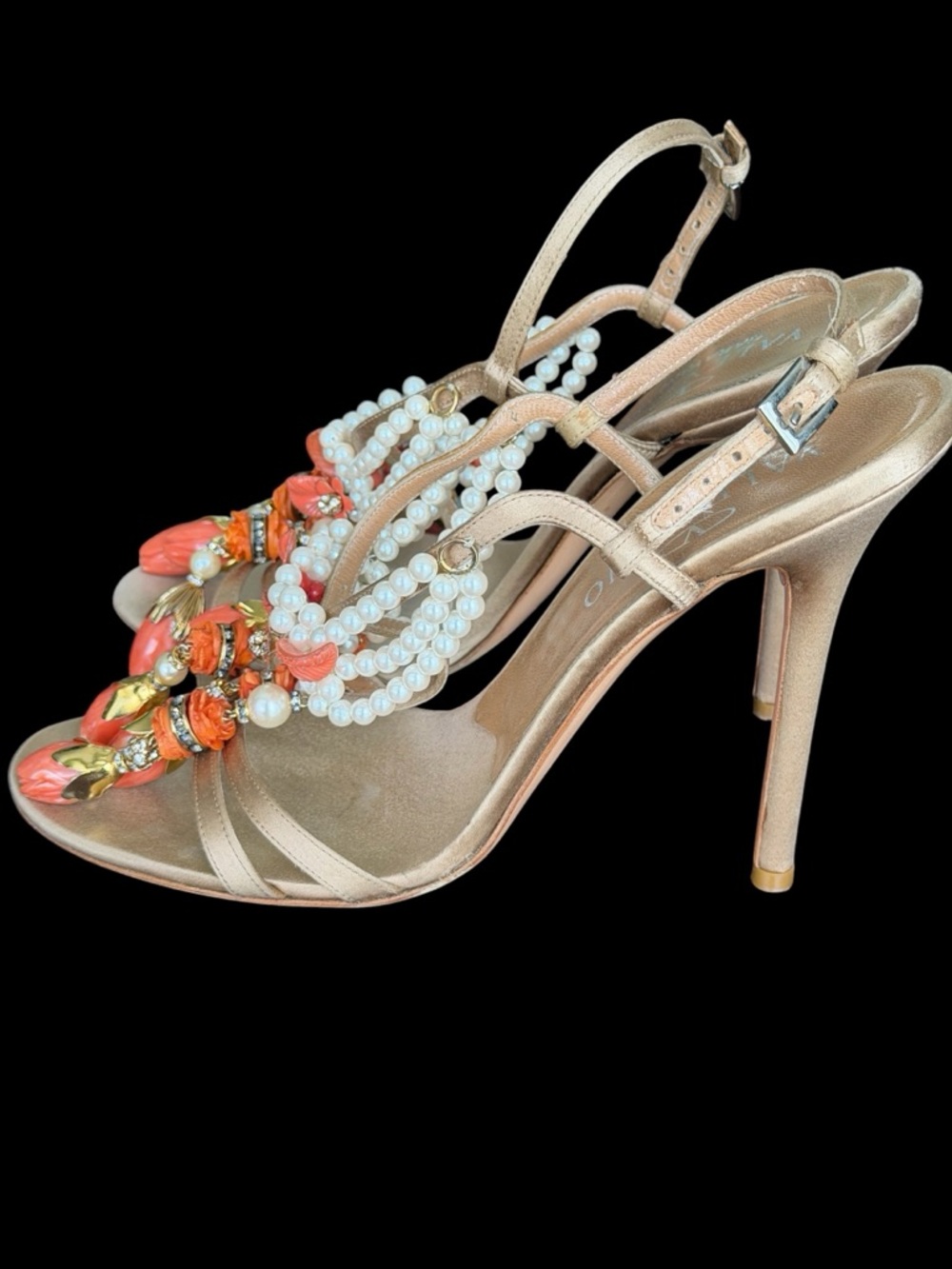 Valentino Gold Sandal with Coral and Pearl Beaded Detail
